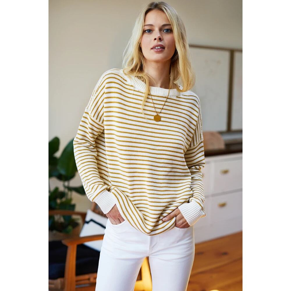Emerson Fry Cream and Mustard Striped Crewneck Sweater